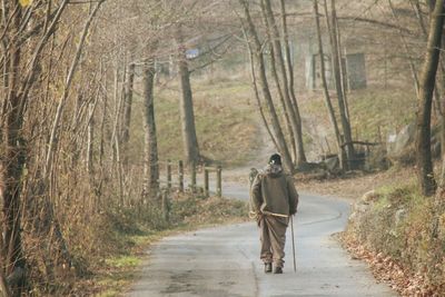 Rear view of man walking on country road along trees