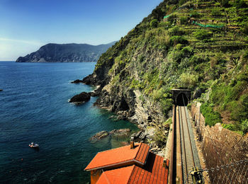 Scenic view of sea and mountains against clear sky