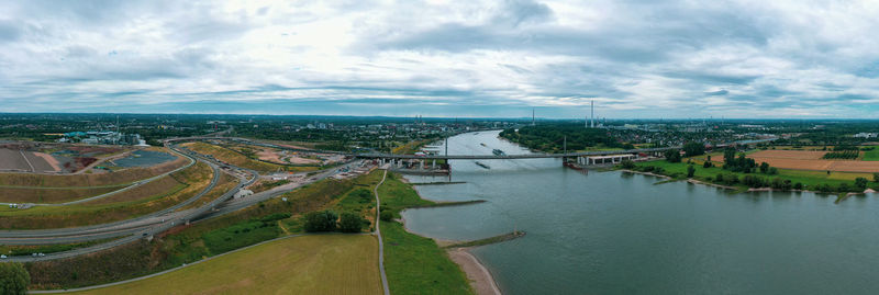 Panoramic view of leverkusen, cologne and the ailing autobahn bridge on the rhine, germany. 