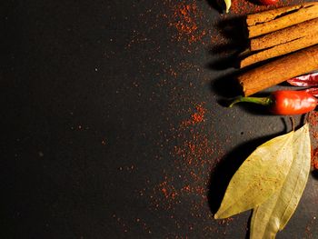 High angle view of red chili pepper on table