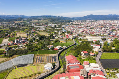 High angle view of townscape against sky