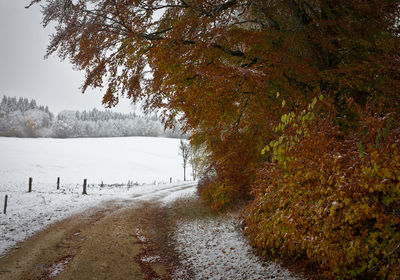 Scenic view of snow covered land during autumn