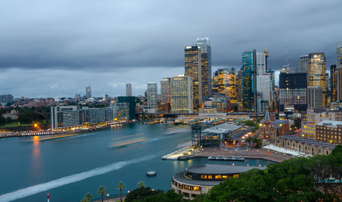 High angle view of illuminated buildings in city against sky