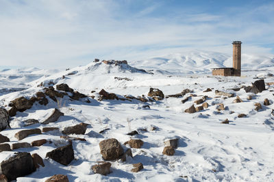 Scenic view of snow covered mountain against sky