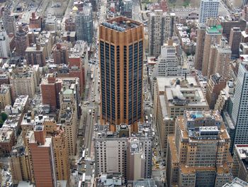 High angle view of modern buildings in city