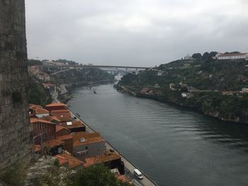 High angle view of river amidst buildings in town