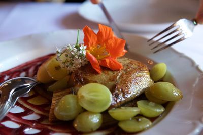 Close-up of foie gras in plate on table