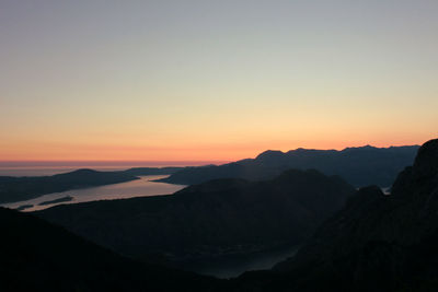 Scenic view of silhouette mountains against clear sky