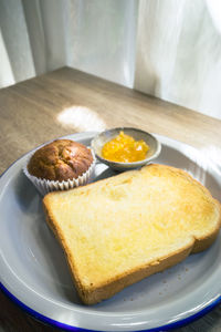 High angle view of breakfast served on table