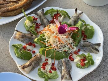 High angle view of food in plate on table