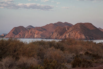 Scenic view of lake with mountain range in background