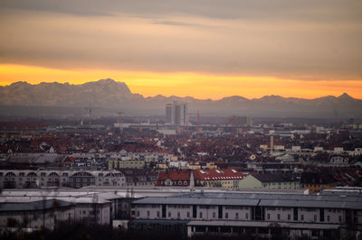 High angle view of townscape against sky during sunset
