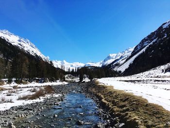 Scenic view of snowcapped mountains against clear blue sky