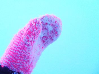 Close-up of hand wearing glove during winter