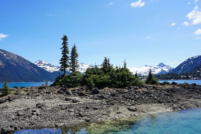 Scenic view of snowcapped mountains against blue sky