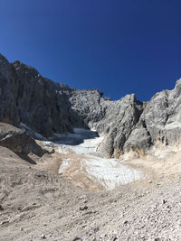 Scenic view of mountains against clear blue sky