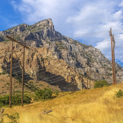 Scenic view of land and mountains against sky