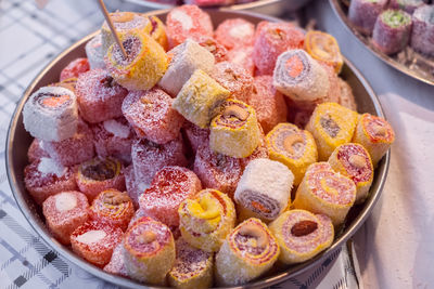 Colorful jelly mix sugar roll up sweet jelly and flavor fruit at the market stall