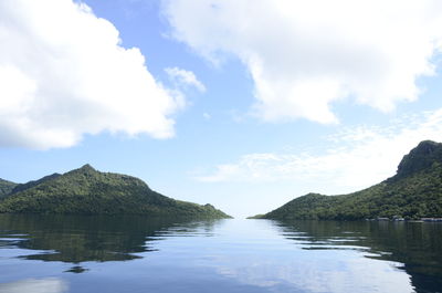 Scenic view of lake and mountains against sky