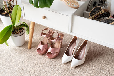 Closeup of elegant high heel shoes standing under feminine dressing table