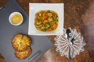 High angle view of food served on table