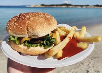 Close-up of burger in plate on table