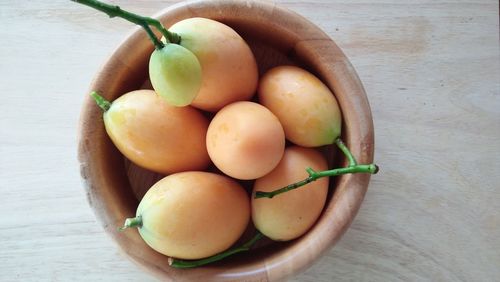 High angle view of fruits in bowl on table