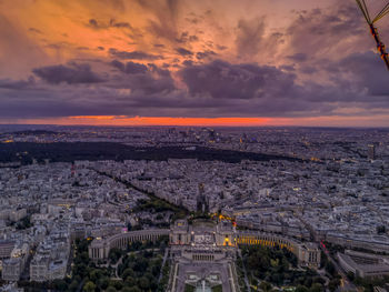 High angle view of city buildings during sunset