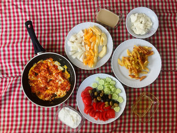 High angle view of breakfast served on table