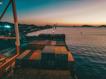 High angle view of sea against sky at dusk on a vessel