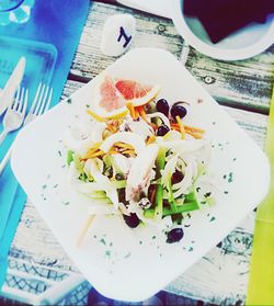 Close-up of served food on table