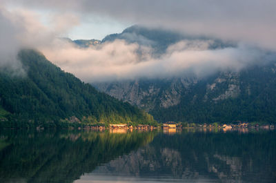 Scenic view of lake and mountains against sky