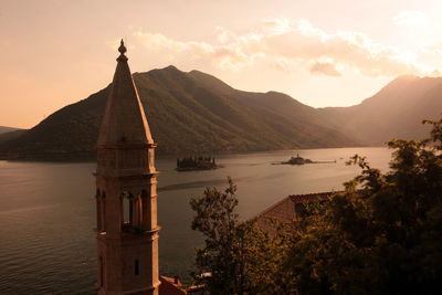 View of tower with mountain in background