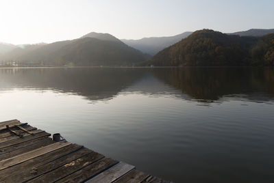 Scenic view of lake and mountains against clear sky