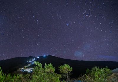 Scenic view of mountains against sky at night