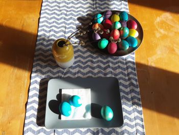 High angle view of multi colored candies on table