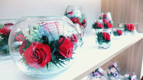 Close-up of roses inside of glass bubbles