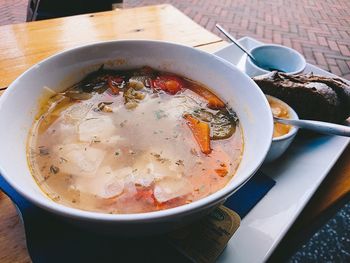 High angle view of soup in bowl on table