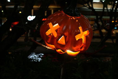 Close-up view of illuminated pumpkin at night