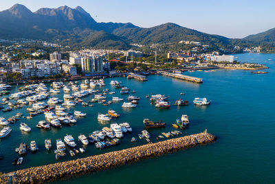 High angle view of boats moored in harbor