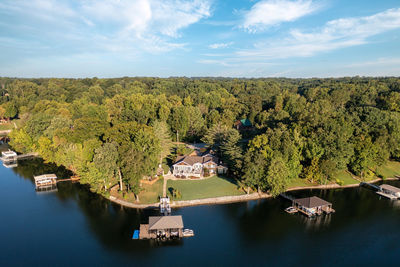 Aerial view of a waterfront lake homes and boat houses on tims ford lake in tennessee.