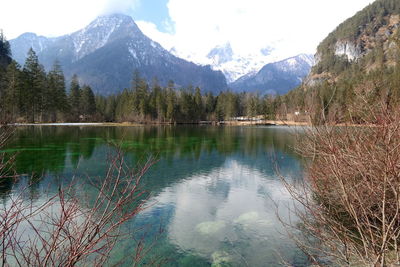 Scenic view of lake by mountains against sky