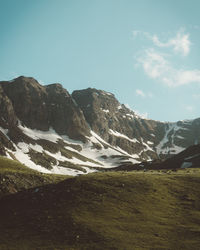 Scenic view of snowcapped mountains against sky