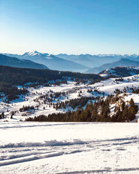 Snow covered landscape against sky