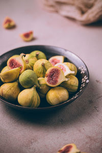 High angle view of fruits in bowl on table