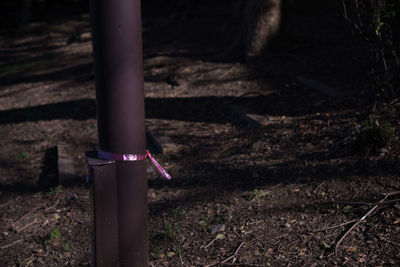 Rusty metallic pole on field at night