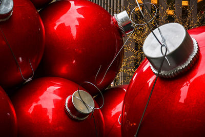 Close-up of red christmas baubles
