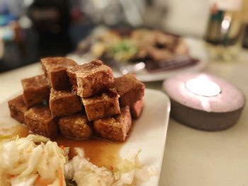 Close-up of dessert in plate on table