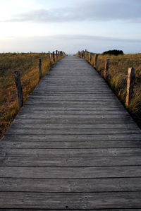 Wooden boardwalk on landscape against sky