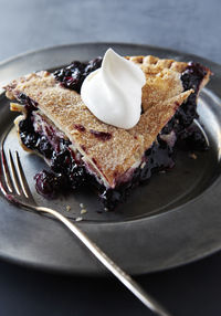 Slice of blueberry pie with whip cream